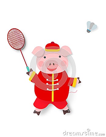 Chinese New Year Pig Playing Badminton Stock Photo