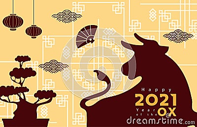 chinese new year poster with ox and bonsai silhouette Vector Illustration