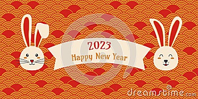Chinese New Year rabbit symbol 2023 on asian banner, holiday vector background, traditional red hare lunar zodiac, happy cute Vector Illustration