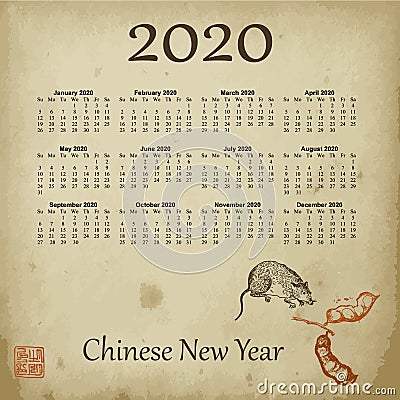 Chinese new year 2020 year of the rat vector illustration. Sketch rat and beans on old paper background and asian Vector Illustration
