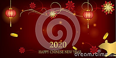 2020 Chinese New Year Rat zodiac sign. Red and gold festive background with rat Stock Photo