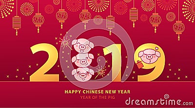 Chinese New Year 2019 red and gold banner with cute piglets, traditional lanterns and fireworks Vector Illustration