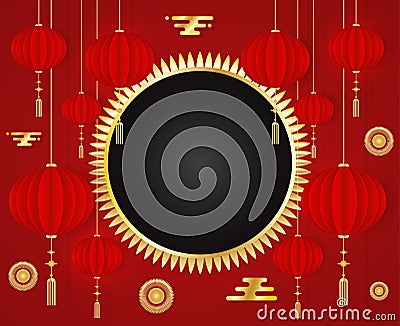 Chinese New Year 2019 red greeting card Template with traditional Asian decoration and gold elements on red background. Cartoon Illustration