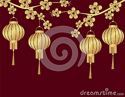 Chinese New Year. Stylized under the bronze Chinese lanterns on a cherry branch. From two sides. Round. illustration Vector Illustration