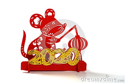 Chinese New Year 2020 symbol of the rat holding a lantern on white background Stock Photo