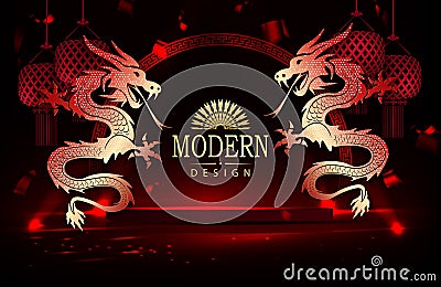 Chinese New Year, textured dark red illustration with golden shade dragons and podium Vector Illustration