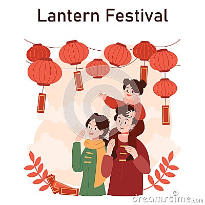 Chinese New Year tradition. Cheerful asian family leisure on festive day Vector Illustration