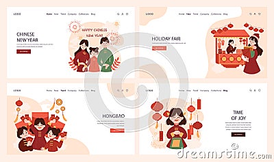 Chinese New Year tradition web banner or landing page set. Cheerful Vector Illustration