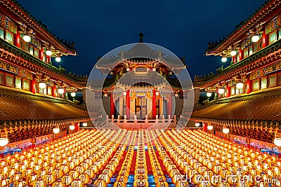 Chinese new year, Traditional Chinese lanterns display in Temple illuminated for Chinese new year festival. Stock Photo