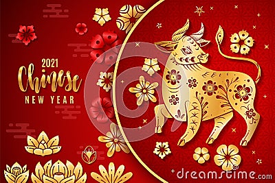 Chinese new year 2021. Traditional poster with red and gold ox, flower and asian elements, zodiac bull year oriental Vector Illustration