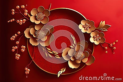 Chinese new year wallpaper with golden cherry blossom flowers on red background. Traditional symbol for lunar new year celebration Stock Photo