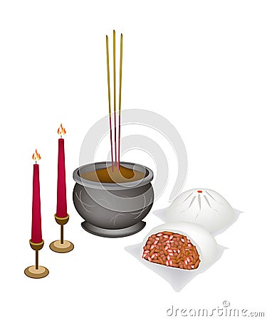 Chinese Nikuman with Candle and Joss Stick Vector Illustration