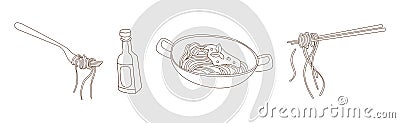 Chinese Noodle Preparation with Bowl and Soy Sauce Bottle Vector Set Stock Photo