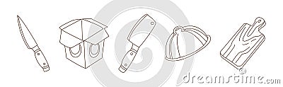 Chinese Noodle Preparation with Knife, Tray and Carton Box Vector Set Vector Illustration