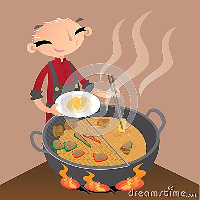 A Chinese old man preparing some street snacks by deep-frying them in a big wok Vector Illustration
