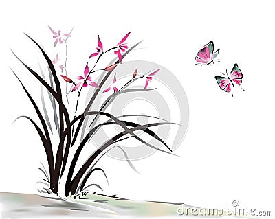 Orchid and butterfly Vector Illustration