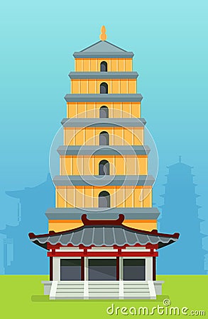 Chinese pagoda tower typical chinese building. House urban city Vector Illustration