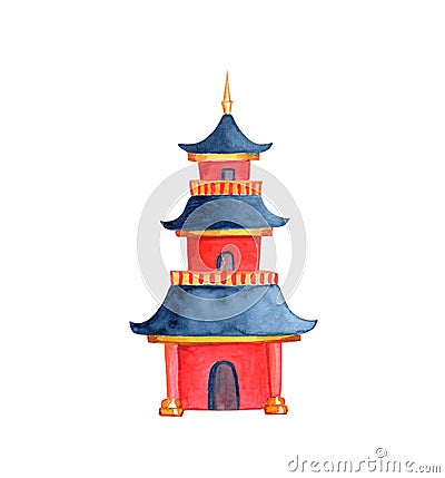 Chinese pagoda on white background. Taoist or buddhist temple watercolor illustration. Cartoon Illustration