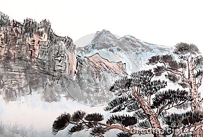 Chinese painting of high mountain Stock Photo