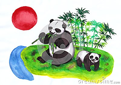 Chinese Panda mother eating bamboo and cub red sun rising in china Cartoon Illustration