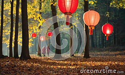 Chinese paper lanterns in the sunset forest Stock Photo