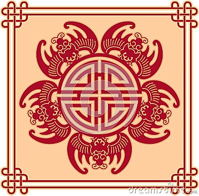 Chinese Pattern - Five Bats with Prosperity Blessings Symbol and Frame Vector Illustration