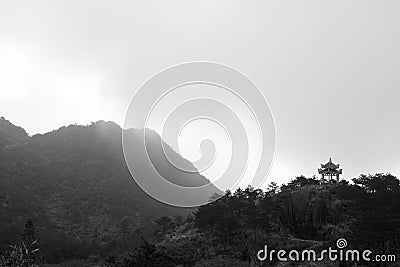 Chinese pavilion in the foothills, black and white image Stock Photo