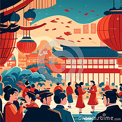 ar in traditional clothes. Crowd of tourists in traditional dress at famous temple in China flat vector illustration Generative AI Vector Illustration