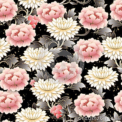 Chinese pink flower and spiral cloud seamless pattern background Vector Illustration