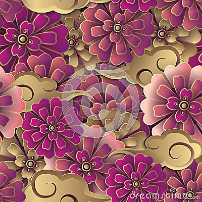 Chinese pink red gold flower and spiral cloud seamless pattern b Vector Illustration
