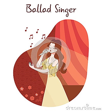 Chinese pop music. Ballad singer with a microphone. Young performer Vector Illustration