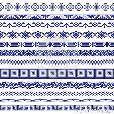 Chinese porcelane seamless borders vector set. Vector Illustration