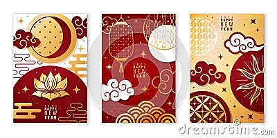 Chinese posters. Asian new year cards with decorative traditional elements, oriental style patterns, festive lanterns Vector Illustration