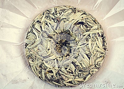 Chinese pressed white tea, silver needle Stock Photo