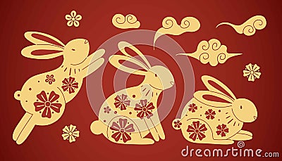 Chinese rabbit set. Golden traditional New Year zodiac animal, clouds and flowers, gold bunny silhouette on red background, 2023 Vector Illustration