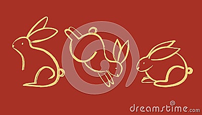 Chinese rabbit set. Golden traditional New Year zodiac animal, clouds and flowers, gold bunny silhouette on red background, 2023 Vector Illustration