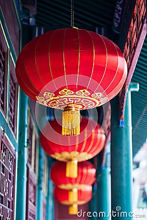 Chinese red lantern with yellow and golden pattern Stock Photo