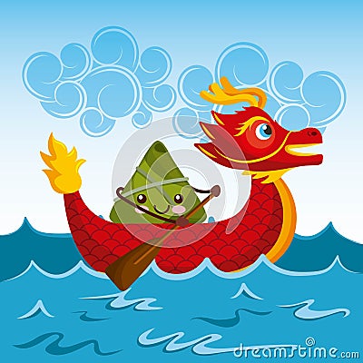 Chinese rice dumplings cartoon character and dragon boat festival Vector Illustration