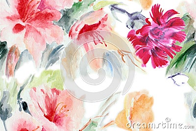 Chinese rose, clove, flower, bouquet, watercolor, pattern Stock Photo