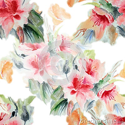 Chinese rose, flower, bouquet, watercolor, pattern seamless Stock Photo