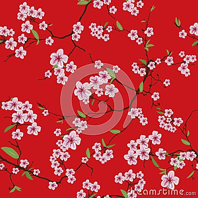 Chinese sakura red kimono seamless vector pattern Vector Illustration