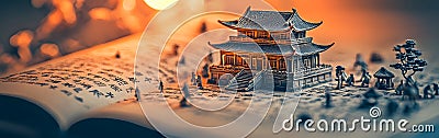 A Chinese scroll opened on the table featuring ancient architecture depicted through miniature models of buildings and figures Stock Photo