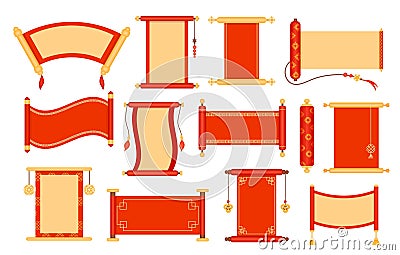 Chinese scrolls. Asian envelope card, traditional red hanging scroll decorative frame isolated vector set Vector Illustration