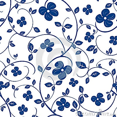 Chinese seamless porcelain floral pattern background. Oriental blue tea olive or osmanthus pattern. Vector Illustration