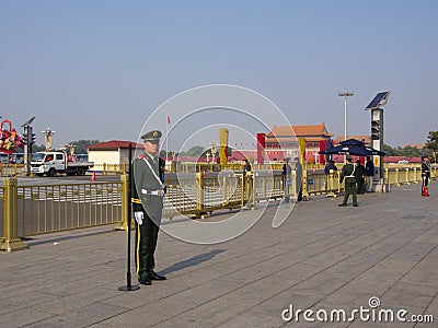 Chinese Security Guard at Tian an men Square.Travel in Beijing C Editorial Stock Photo