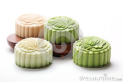 Chinese skin mooncakes for mid autumn festival with fruit, taro and matcha paste Stock Photo