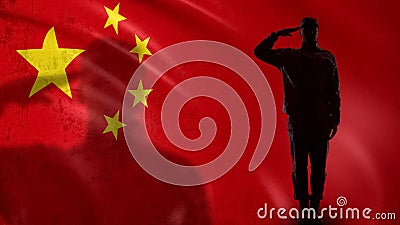 Chinese soldier silhouette saluting against national flag, army rocket force Stock Photo