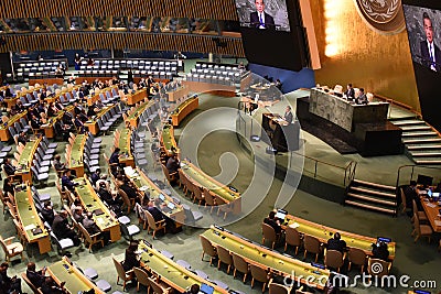 State Councilor and Minister for Foreign Affairs Wang Yi speaks at the 77th UN General Assembly Editorial Stock Photo