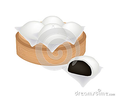Chinese Steamed Bun and Black Bean Stuff on Bamboo Basket Vector Illustration