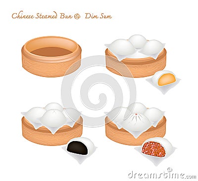 Chinese Steamed Bun and Stuff on Bamboo Basket Vector Illustration